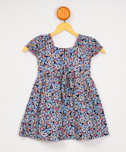 Enfance Half Sleeves Flower Printed Floral Applique Casual Dress-Pink