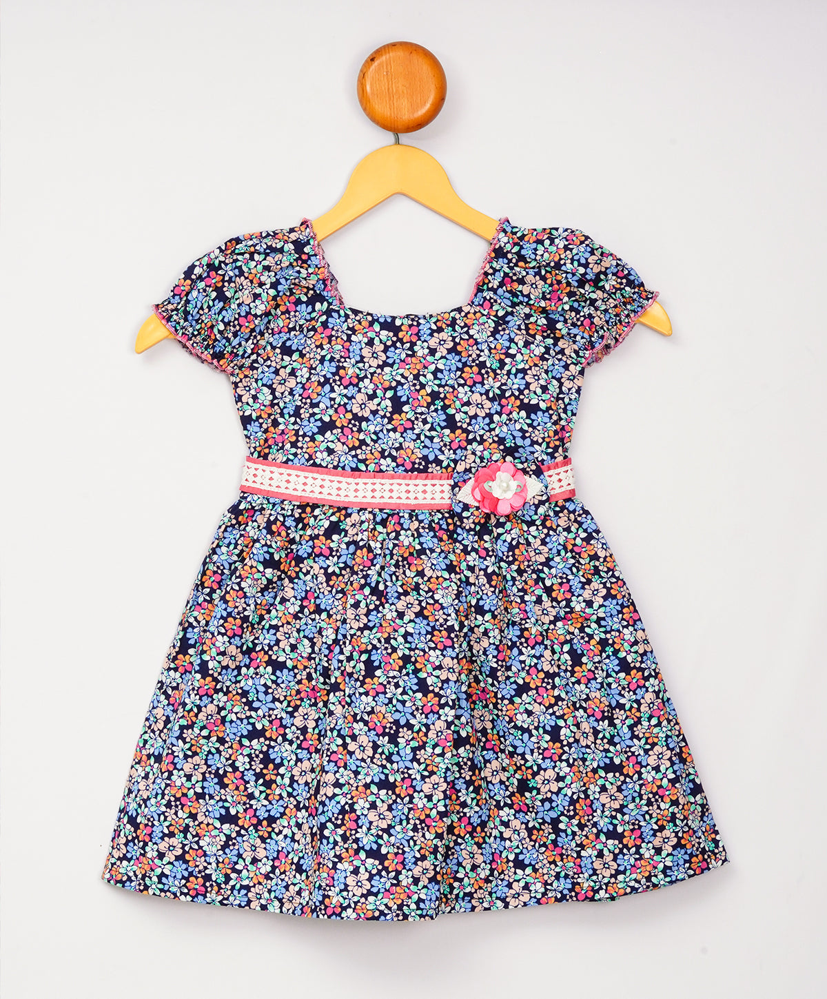 Enfance Half Sleeves Flower Printed Floral Applique Casual Dress-Pink