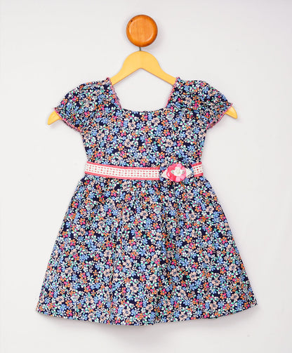 Enfance Half Sleeves Flower Printed Floral Applique Casual Dress-Pink