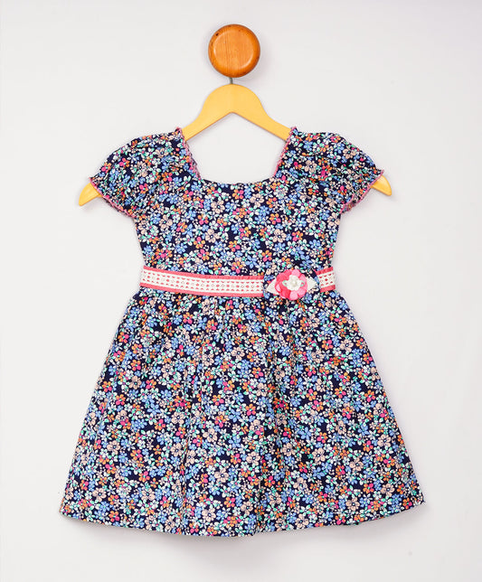 Enfance Half Sleeves Flower Printed Floral Applique Casual Dress-Pink