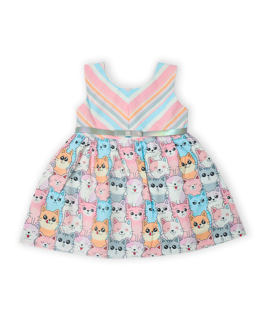 Enfance Sleeveless Cartoon Kittens Printed Dress-Peach