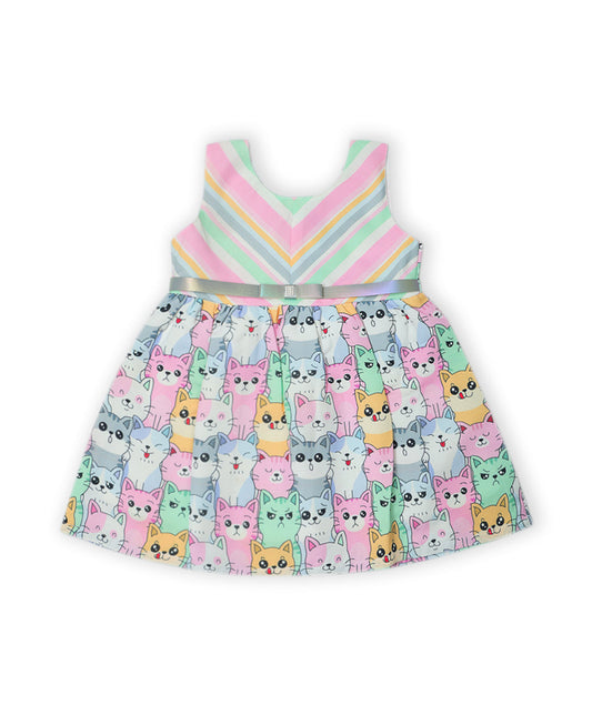 Enfance Sleeveless Cartoon Kittens Printed Dress-Pink