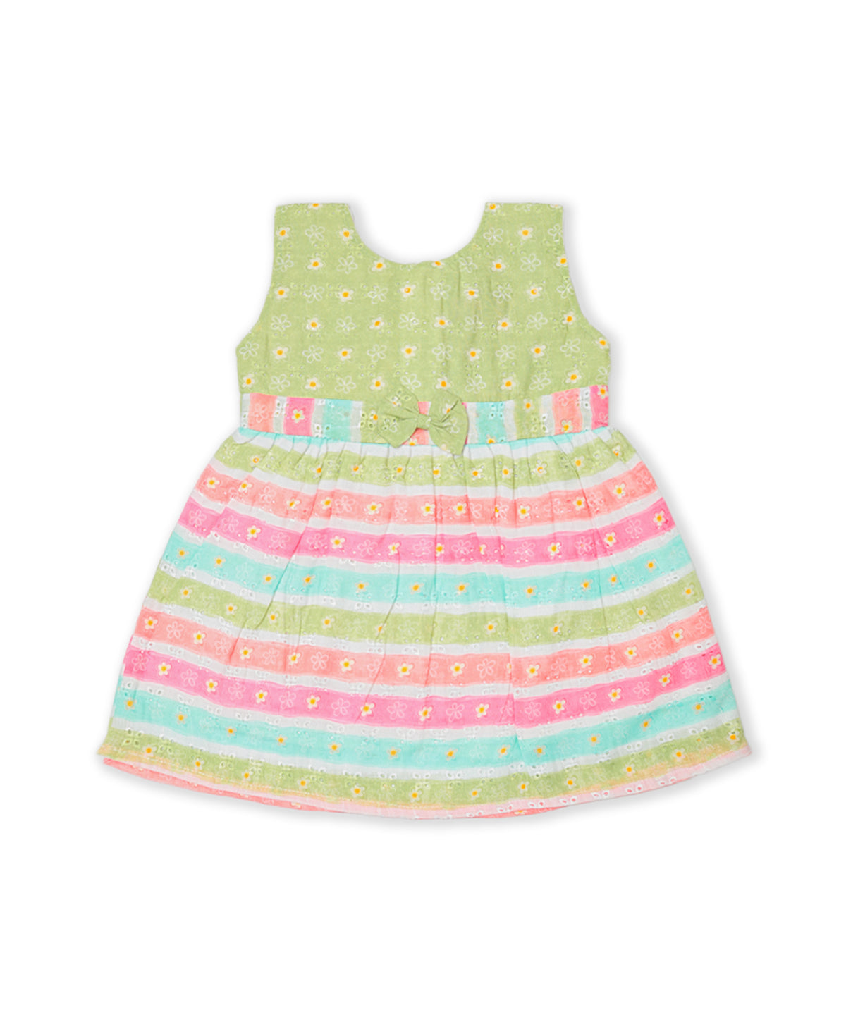 Enfance Sleeveless Flower & Strip Printed Casual Dress-Green