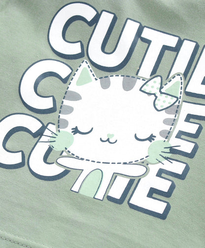 Enfance  Half sleeves Cutie Kitty Printed Girls Night Suit - Green