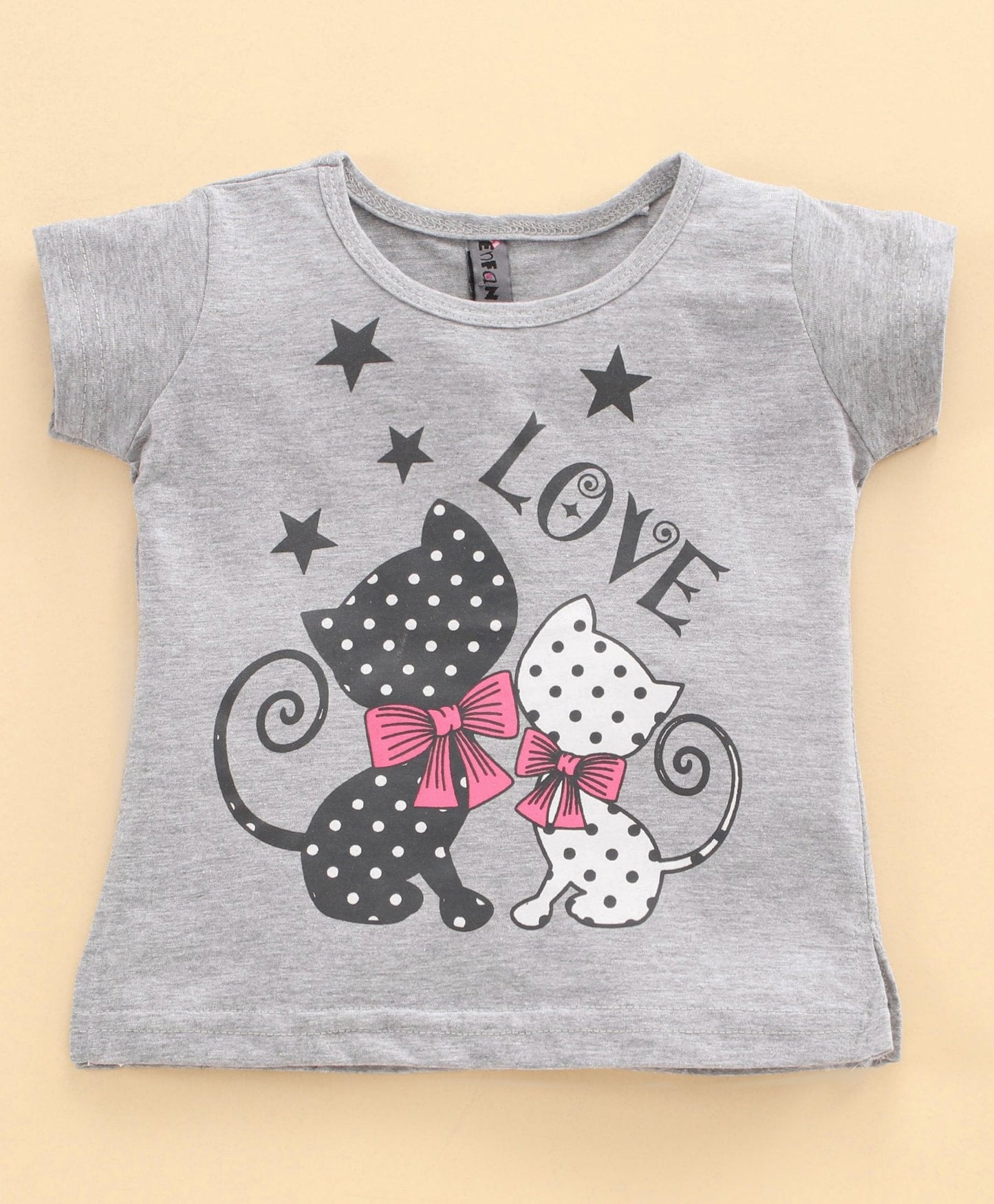 Enfance  Half sleeves Cat Printed Tess With Polka Dot Pant Girls Night Suit - Green
