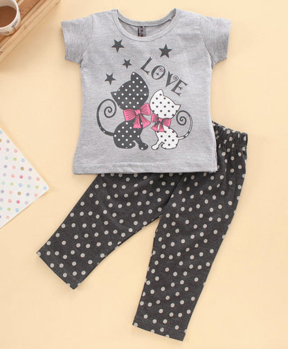 Enfance  Half sleeves Cat Printed Tess With Polka Dot Pant Girls Night Suit - Green