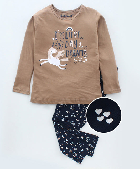 Enfance  Full Sleeves Unicorn Printed Nightwear - Khaki
