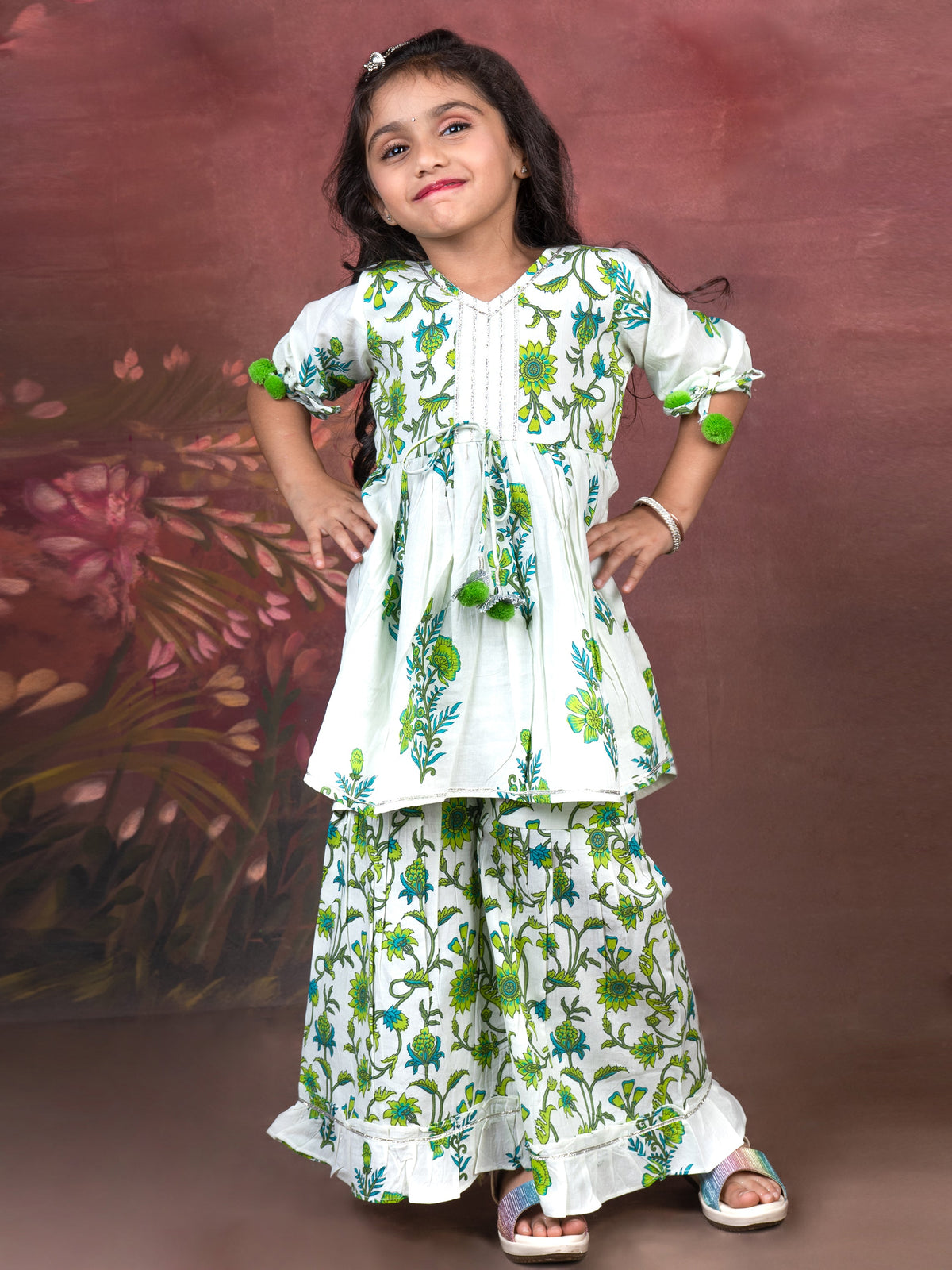 Enfance Full Sleeves Floral Printed Kurta With Sharara And Dupatta - Green