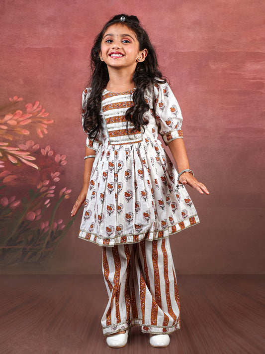 Enfance Three Fourth Sleeves Floral Printed & Lace Embellished Coordinating Kurta Sharara Set With Dupatta - Brown