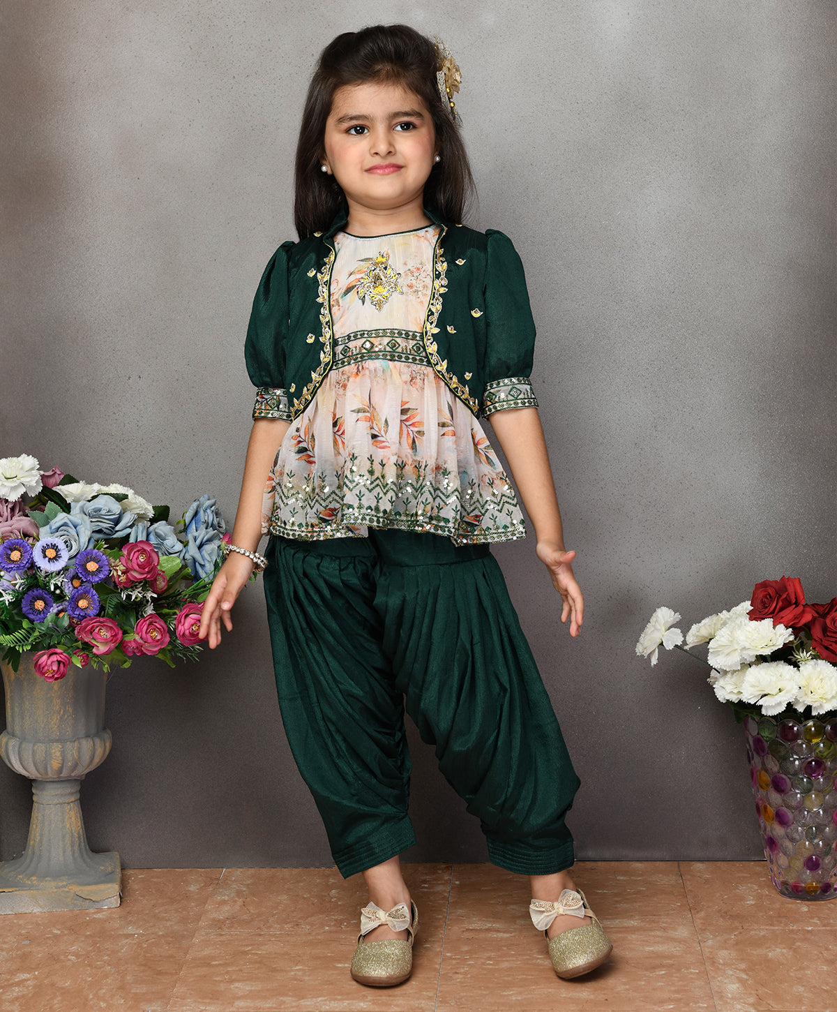 Enfance Puff Sleeves Kurti Set With Dupatta Embroidered Ethnic Design - D.Green