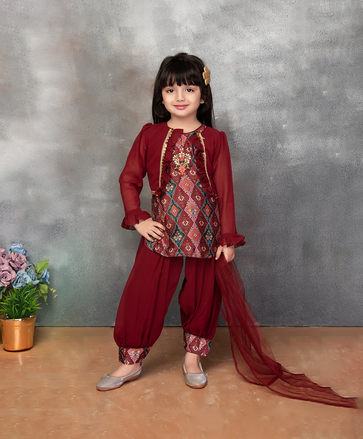 Enfance Cotton Woven Full Sleeves Kurti Palazzo And Dupatta With Ikat Print - Maroon