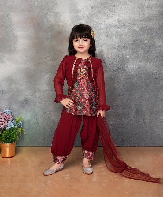 Enfance Cotton Woven Full Sleeves Kurti Palazzo And Dupatta With Ikat Print - Maroon