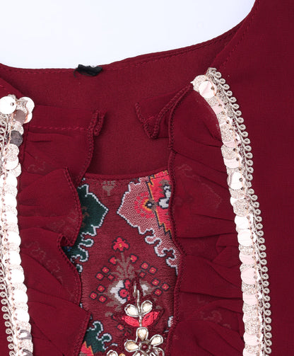 Enfance Cotton Woven Full Sleeves Kurti Palazzo And Dupatta With Ikat Print - Maroon