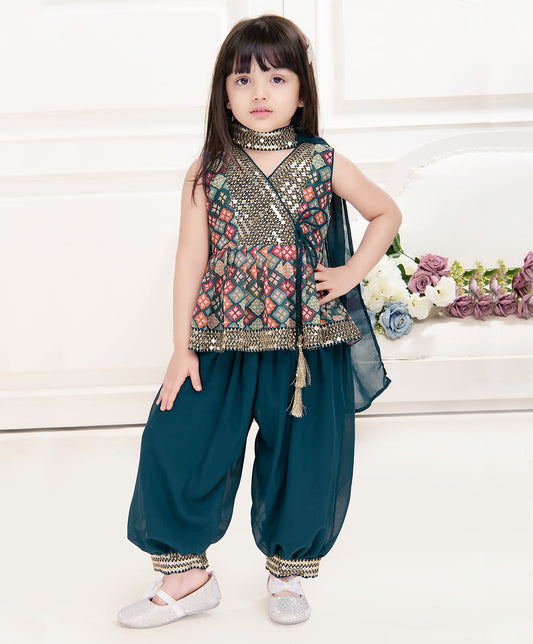 Enfance Sleeveless Bandhej Designed & Leheriya Kurta With Gota Lace Embellished Sharara - Blue