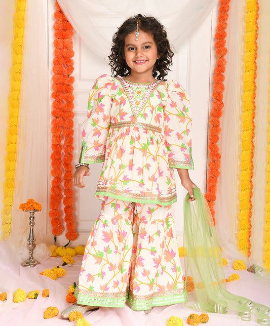 Enfance Three Fourth Sleeves Floral Printed & Sequin Embellished Kurta & Sharara Set - Green