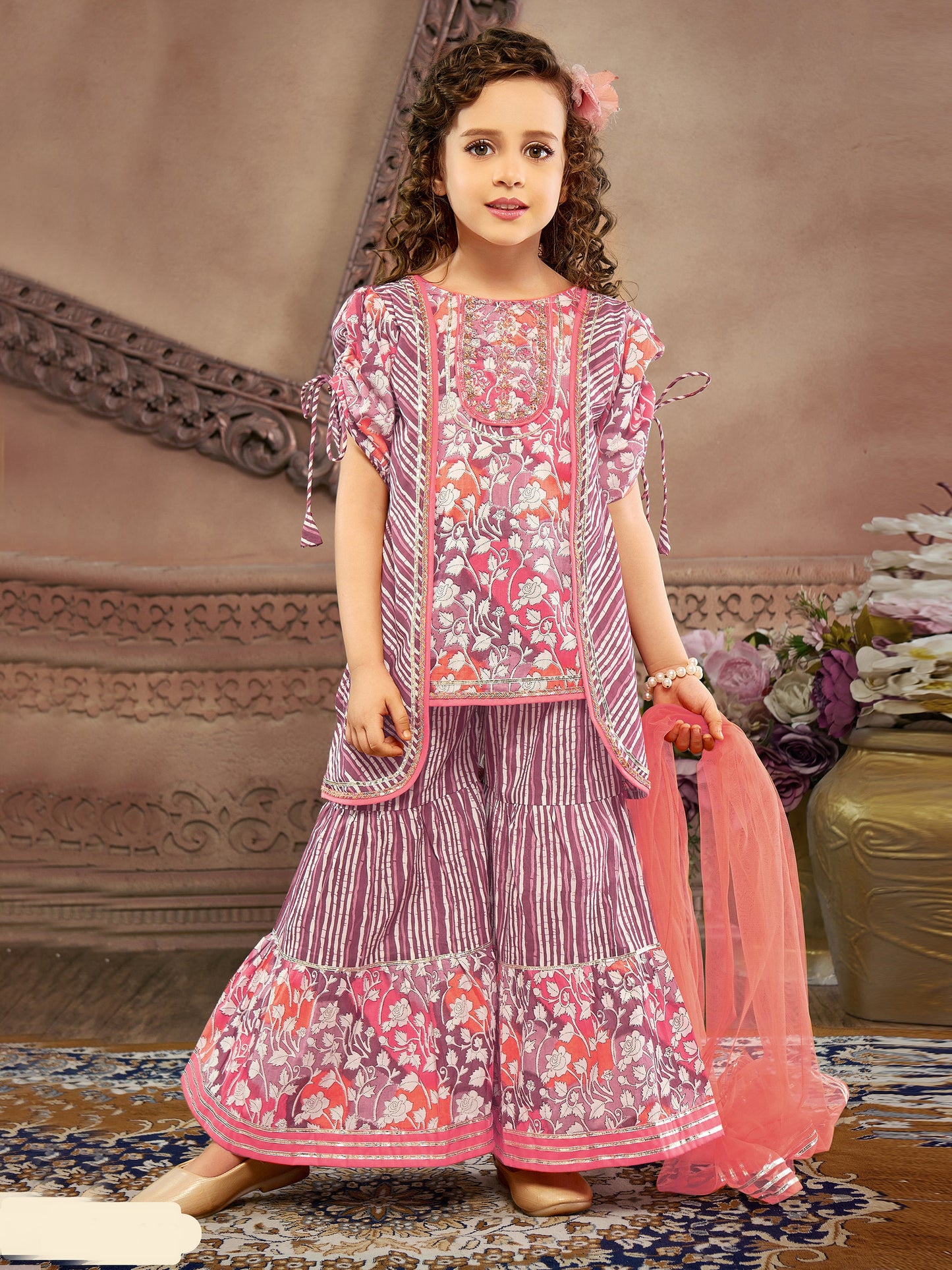Enfance Three Fourth Sleeves Leheriya Designed & Gota Lace Embellished Coordinating Pure Cotton Kurta & Sharara Set - Peach