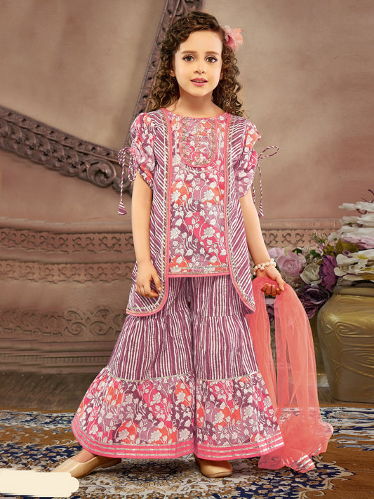 Enfance Three Fourth Sleeves Leheriya Designed & Gota Lace Embellished Coordinating Pure Cotton Kurta & Sharara Set - Peach