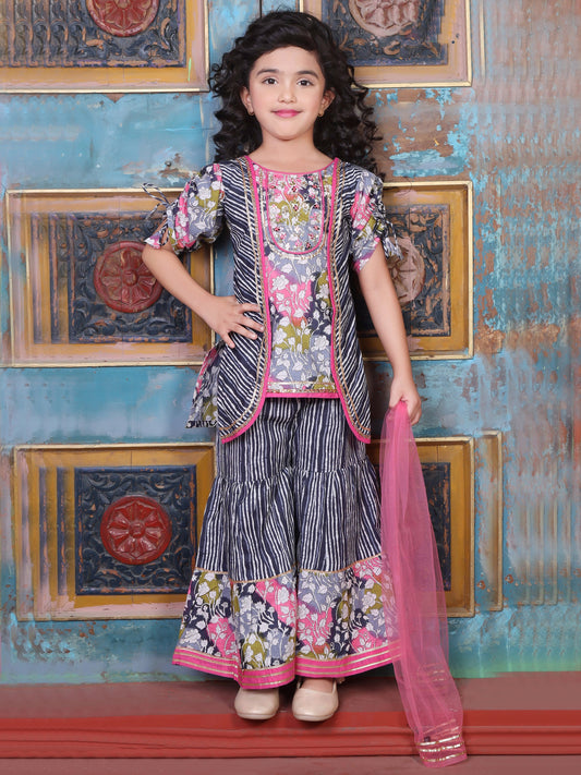 Enfance Three Fourth Sleeves Leheriya Designed & Gota Lace Embellished Coordinating Pure Cotton Kurta & Sharara Set - Grey