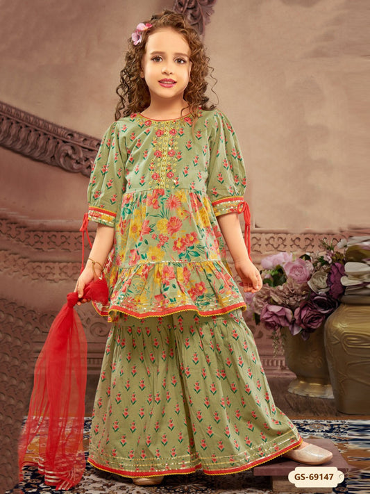 Enfance Three Fourth Sleeves Floral Printed & Gotta Lace Embellished Coordinating Kurti With Sharara- Pista