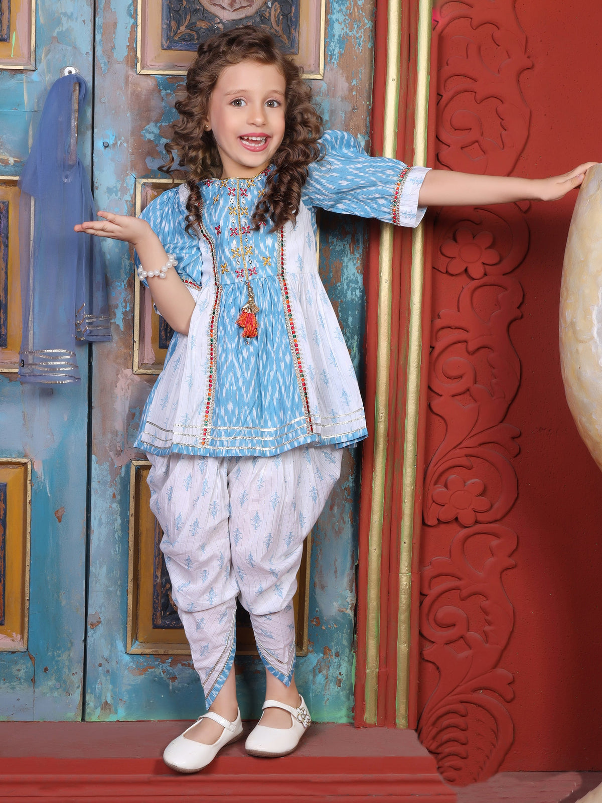 Enfance Full Sleeves Cotton Woven Embroidered Kurta Gharara Set with Dupatta Tie & Dye Print - S.Blue