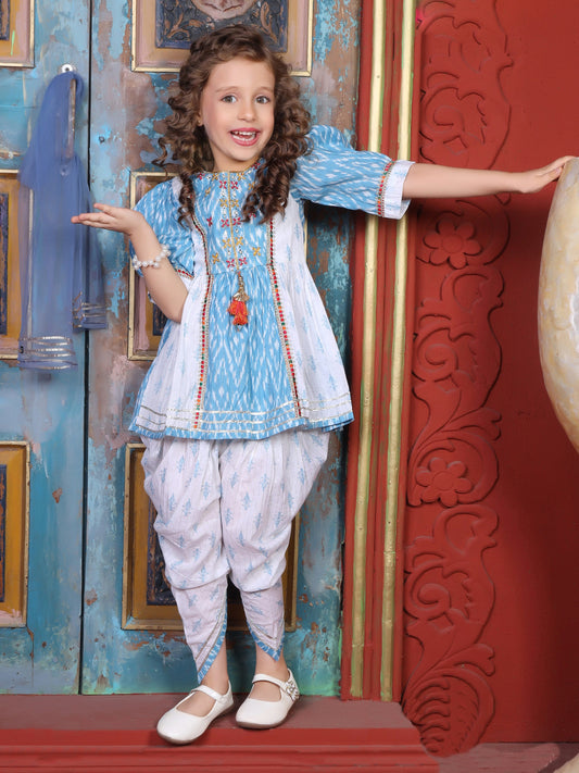 Enfance Full Sleeves Cotton Woven Embroidered Kurta Gharara Set with Dupatta Tie & Dye Print - S.Blue