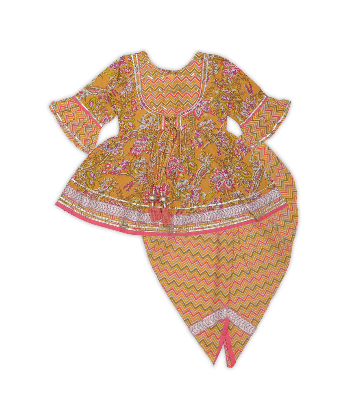 Enfance Cambric Three Fourth Sleeves Kurti Palazzo and Dupatta Set Floral Paisley Print - Pink