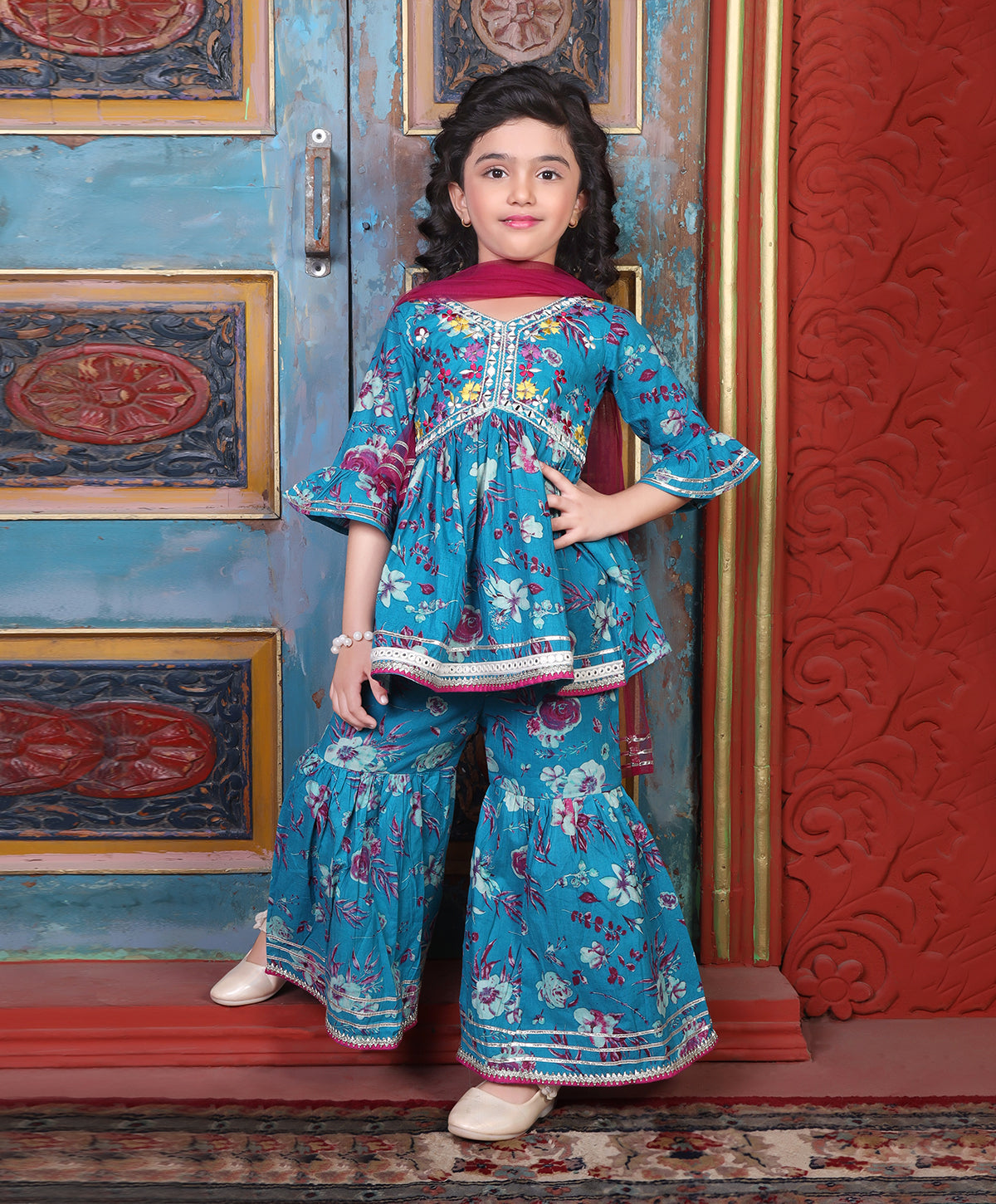 Enfance Three Fourth Sleeves Floral Printed Lace Embellished Kurta & Sharara Set - Blue