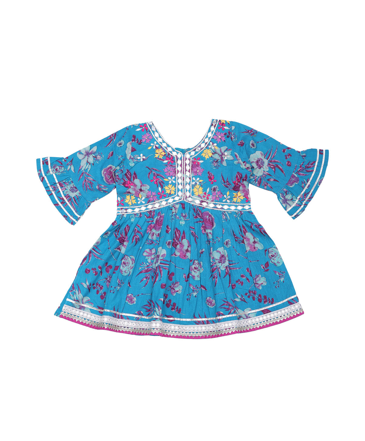 Enfance Three Fourth Sleeves Floral Printed Lace Embellished Kurta & Sharara Set - Blue