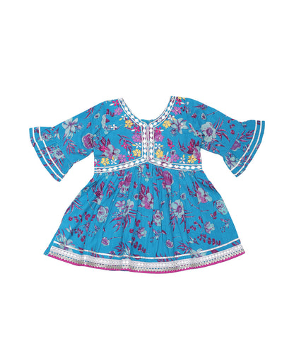 Enfance Three Fourth Sleeves Floral Printed Lace Embellished Kurta & Sharara Set - Blue