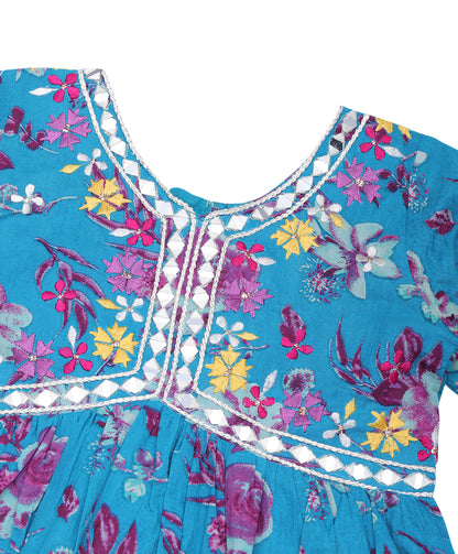 Enfance Three Fourth Sleeves Floral Printed Lace Embellished Kurta & Sharara Set - Blue