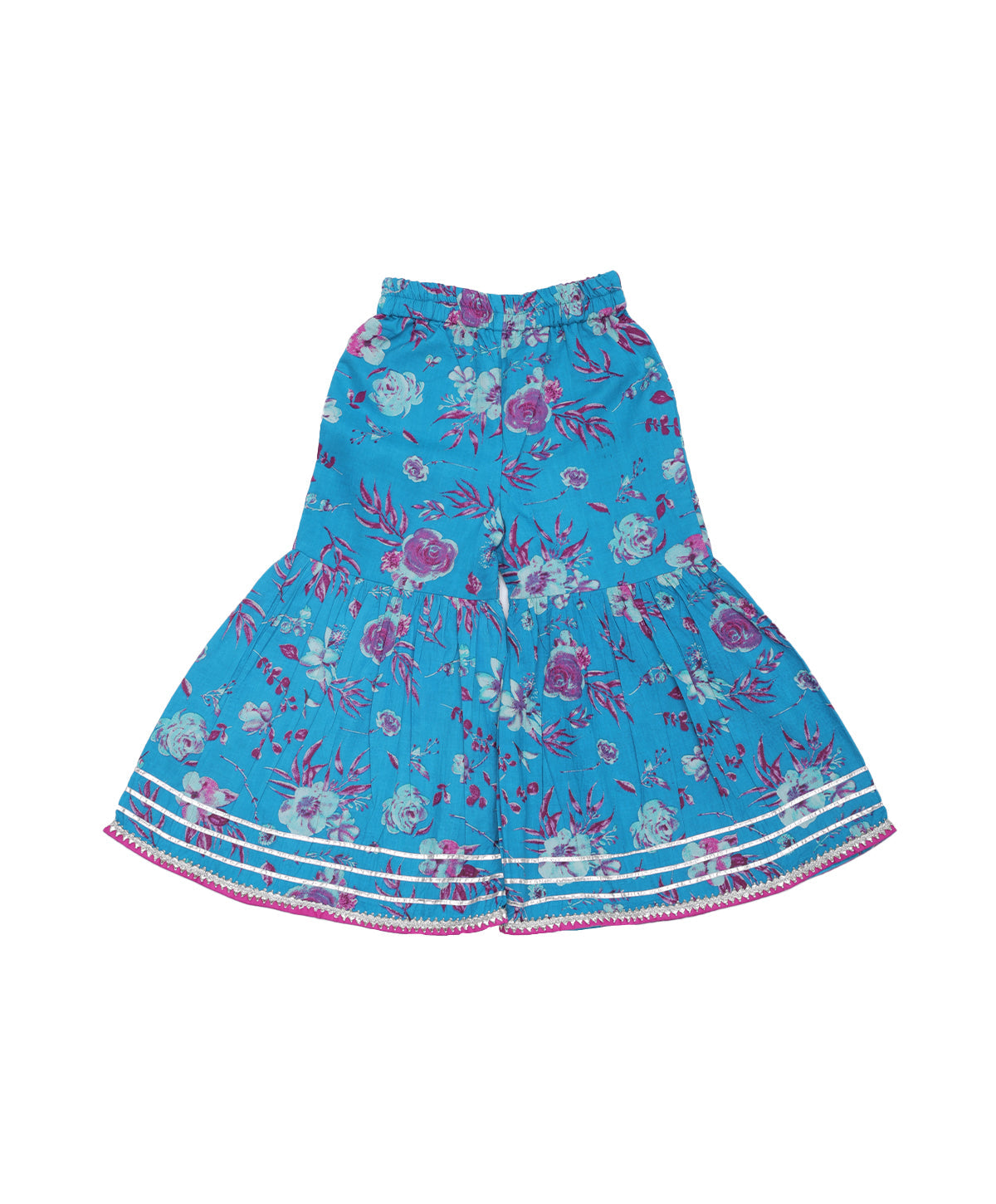 Enfance Three Fourth Sleeves Floral Printed Lace Embellished Kurta & Sharara Set - Blue