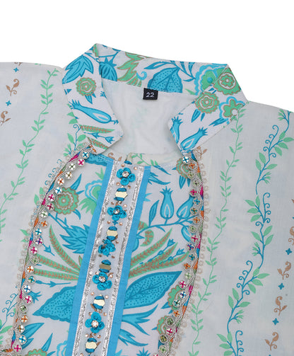 Enfance Three Fourth Sleeves Floral Printed & Gota Lace Embellished Coordinating Kurta & Pant Set - S.Blue