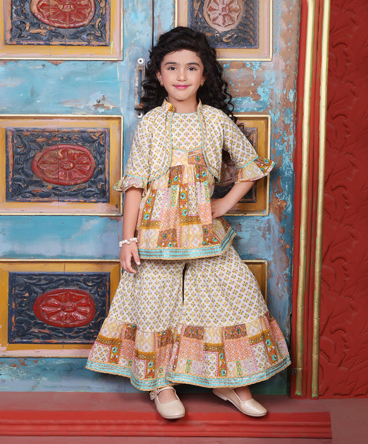 Enfance Three Fourth Sleeves Bandhej Printed Kurta And Sharara -S.Green