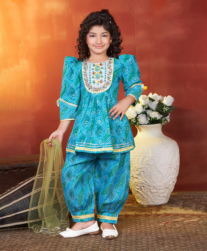 Enfance Three Fourth Sleeves Polka Dots With Embroidery Lace Embellished Kurta & Sharara Set - Blue