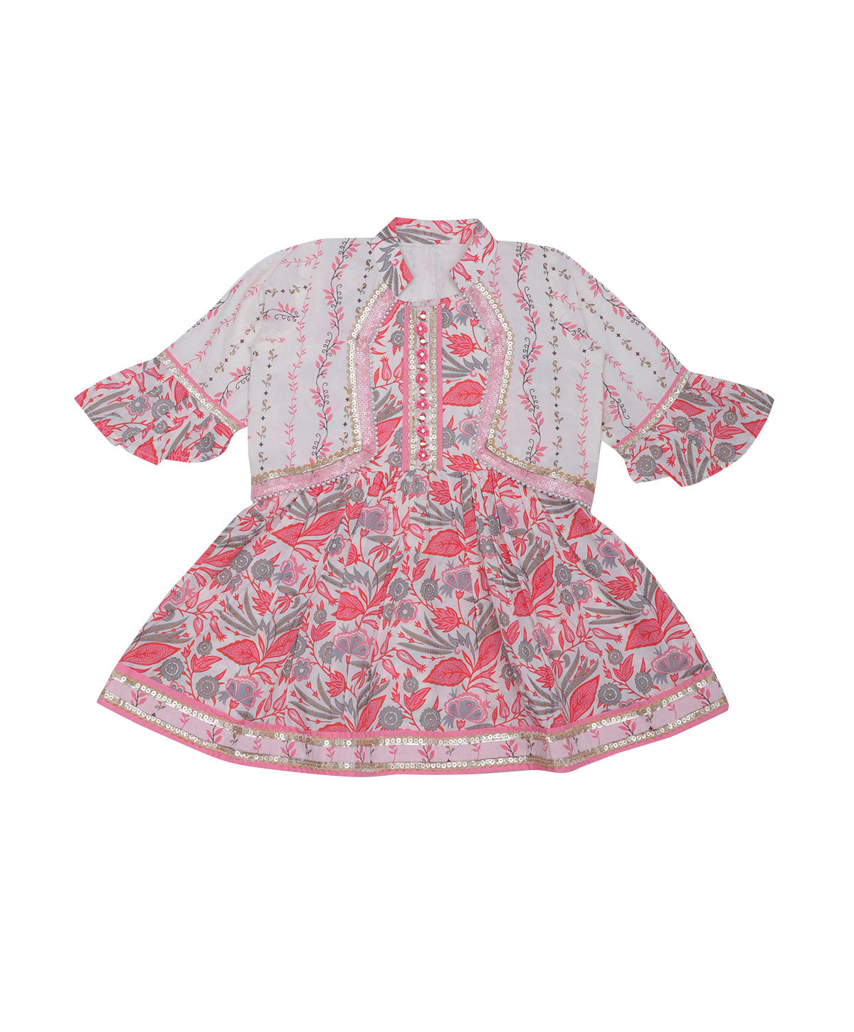 Enfance Three Fourth Sleeves Floral Printed & Gota Lace Embellished Coordinating Kurta & Pant Set - Peach