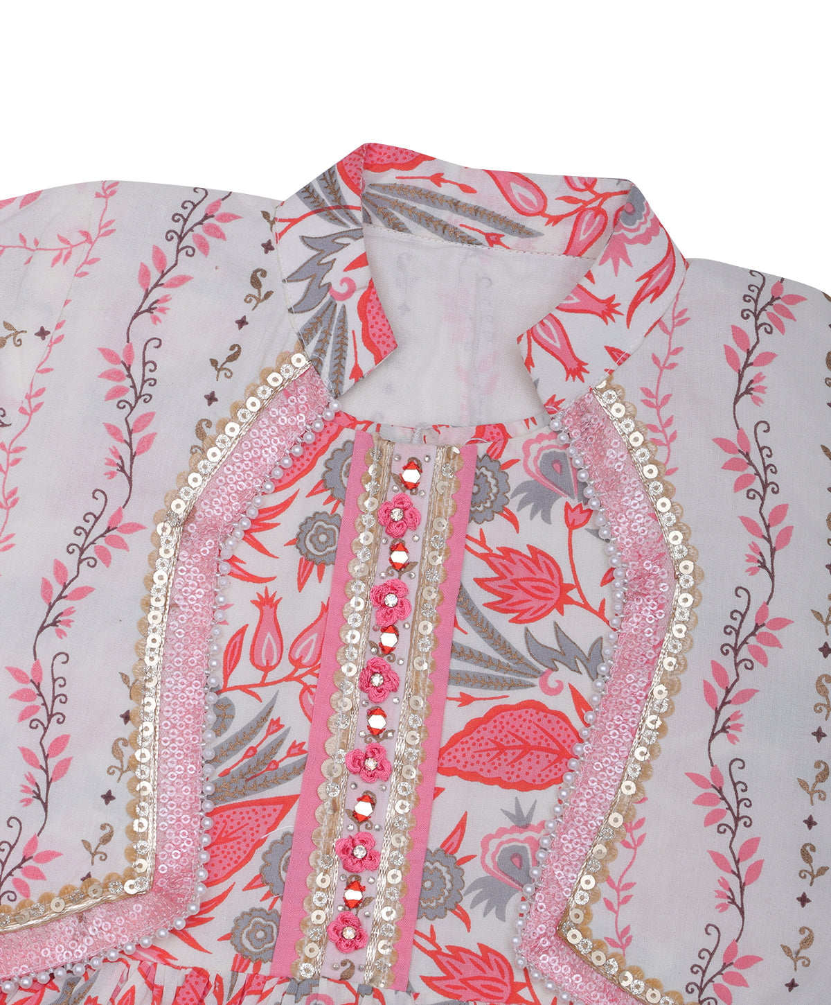 Enfance Three Fourth Sleeves Floral Printed & Gota Lace Embellished Coordinating Kurta & Pant Set - Peach