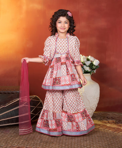 Enfance Three Fourth Sleeves Bandhej Printed Kurta And Sharara -Pink