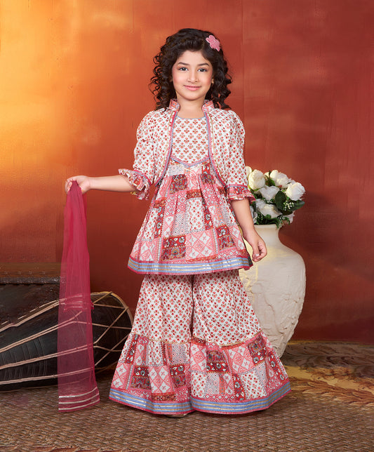 Enfance Three Fourth Sleeves Bandhej Printed Kurta And Sharara -Pink