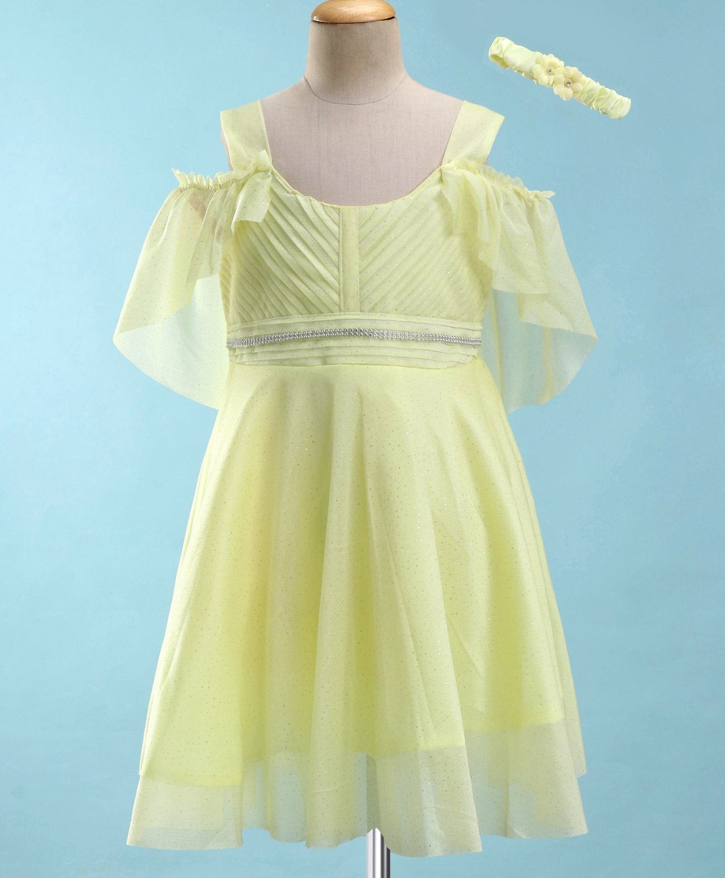 Enfance Sleeveless Glittered Pleated Ruched Detail Flared Dress With Head Band -Yellow