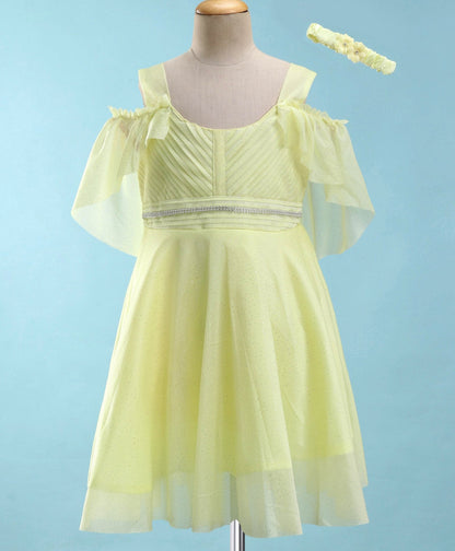 Enfance Sleeveless Glittered Pleated Ruched Detail Flared Dress With Head Band -Yellow