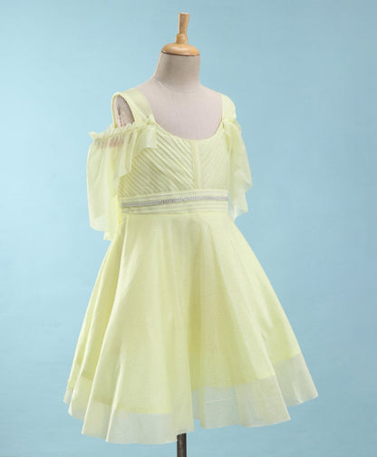 Enfance Sleeveless Glittered Pleated Ruched Detail Flared Dress With Head Band -Yellow