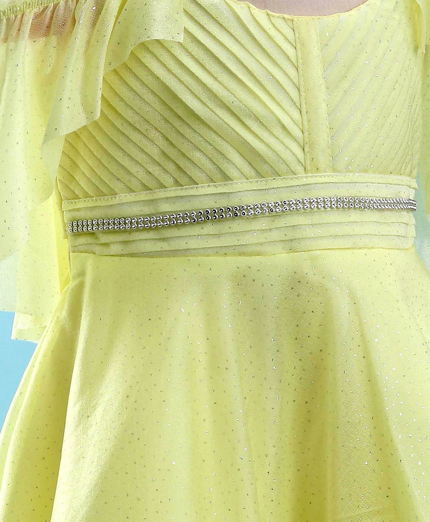 Enfance Sleeveless Glittered Pleated Ruched Detail Flared Dress With Head Band -Yellow