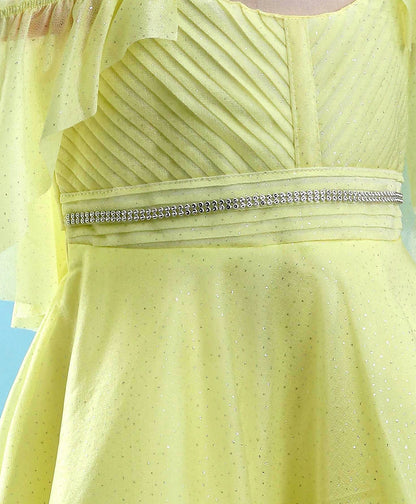 Enfance Sleeveless Glittered Pleated Ruched Detail Flared Dress With Head Band -Yellow
