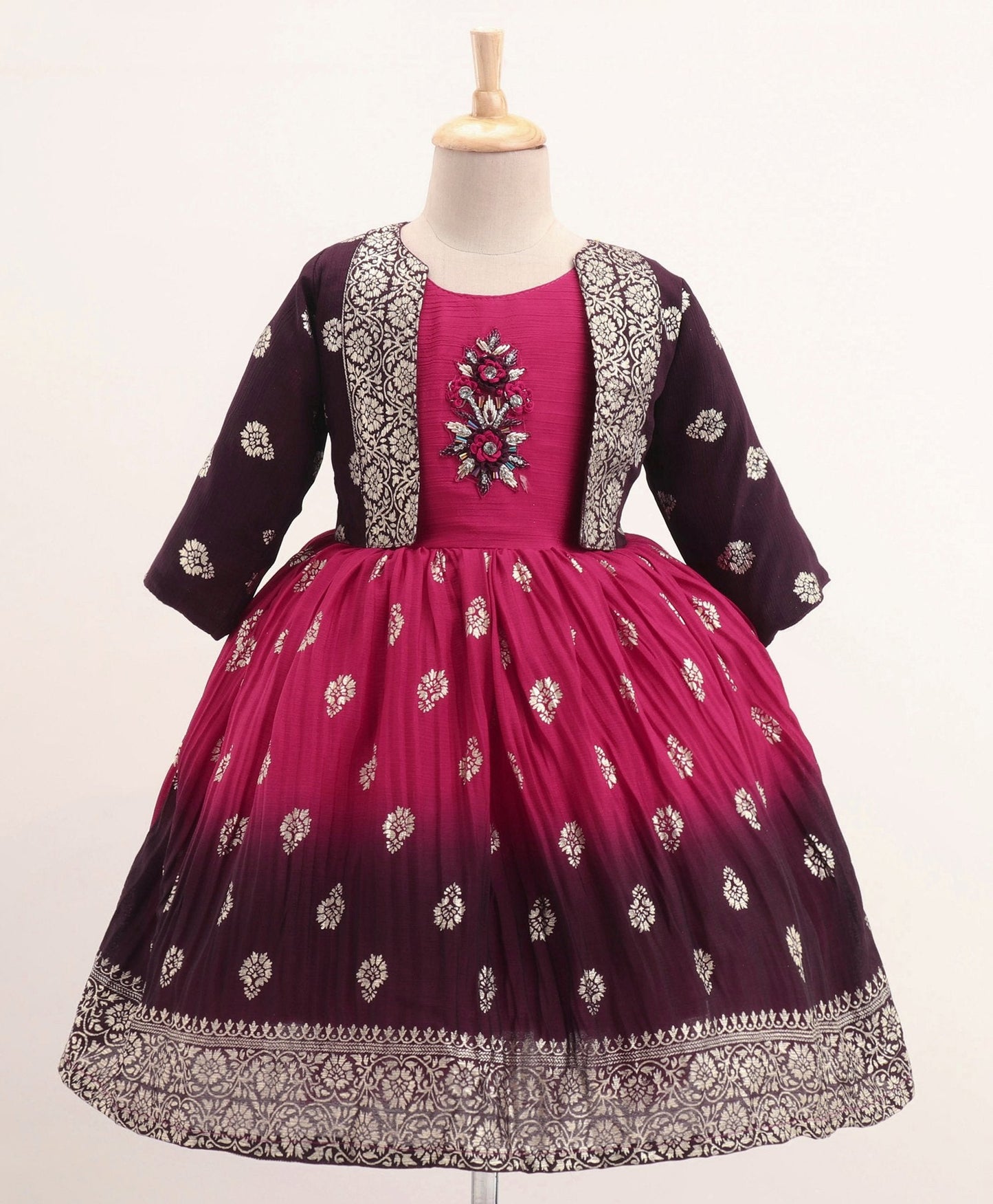Enfance Three Fourth Sleeves Shrug With Seamless Foil Motif Printed & Bead Embellished Patterned Bodice Gradient Dress -Rani