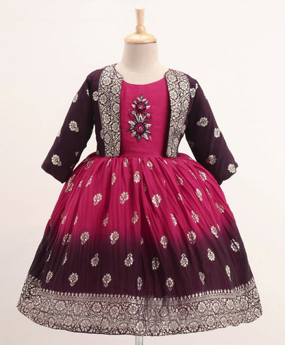 Enfance Three Fourth Sleeves Shrug With Seamless Foil Motif Printed & Bead Embellished Patterned Bodice Gradient Dress -Rani