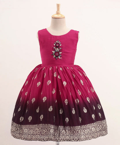 Enfance Three Fourth Sleeves Shrug With Seamless Foil Motif Printed & Bead Embellished Patterned Bodice Gradient Dress -Rani