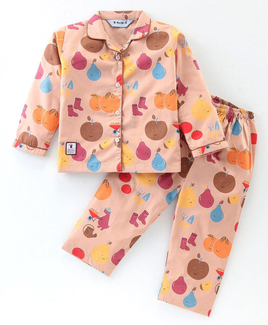 Enfance Core Full Sleeves All Over Fruits Print Nightsuit-D.Fawn