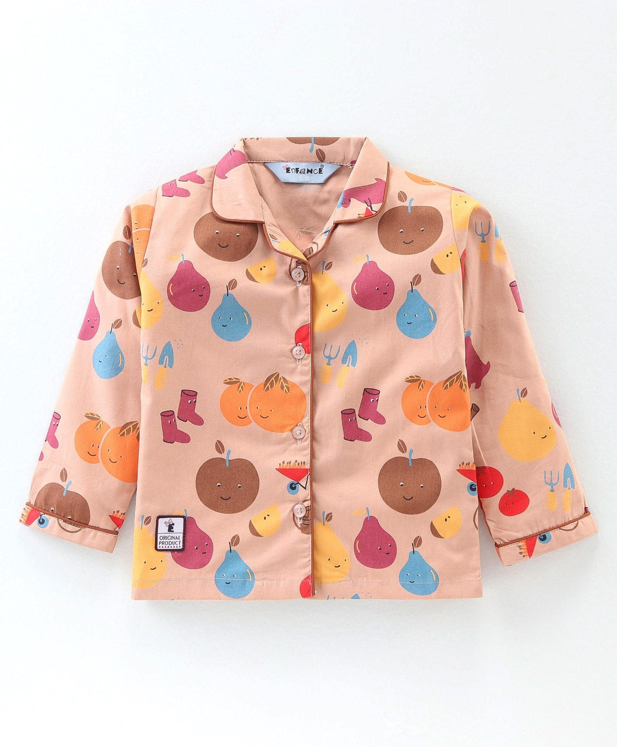 Enfance Core Full Sleeves All Over Fruits Print Nightsuit-D.Fawn