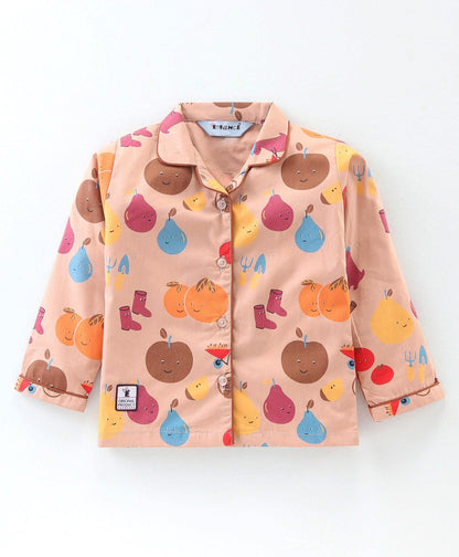 Enfance Core Full Sleeves All Over Fruits Print Nightsuit-D.Fawn