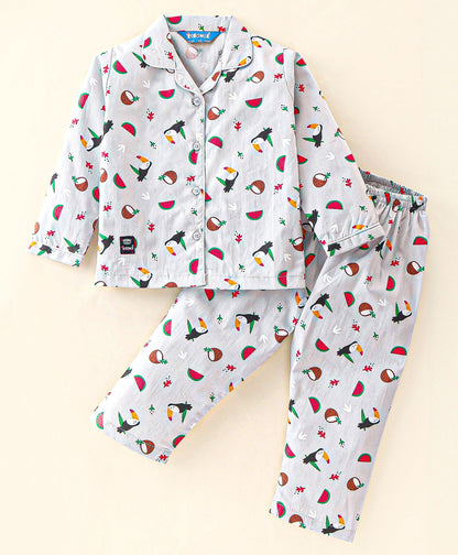 Enfance Core Full Sleeves All Over Woodpecker Print Nightsuit-Grey